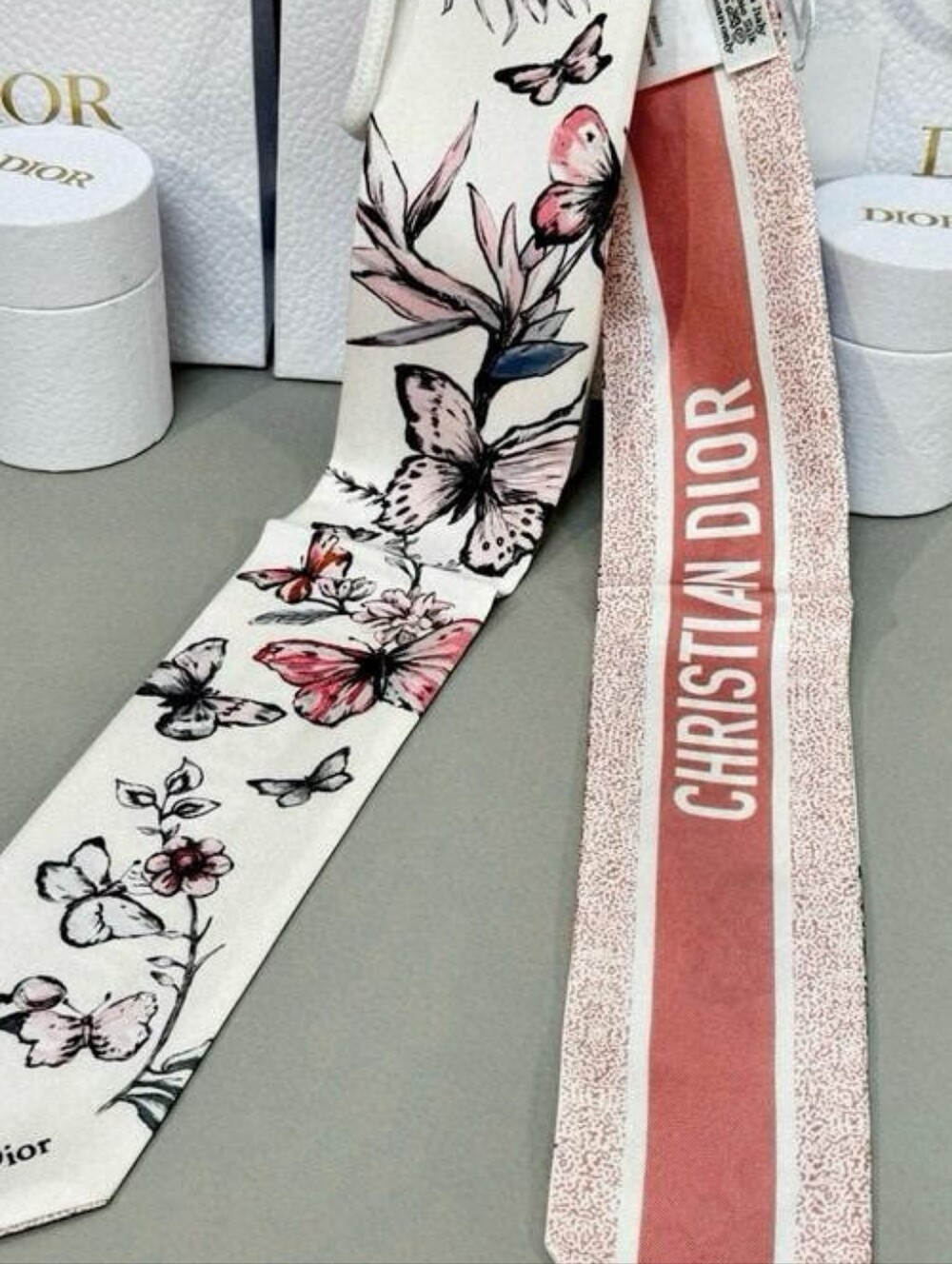 Dior Floral Silk Twilly in White and Pink Stripe